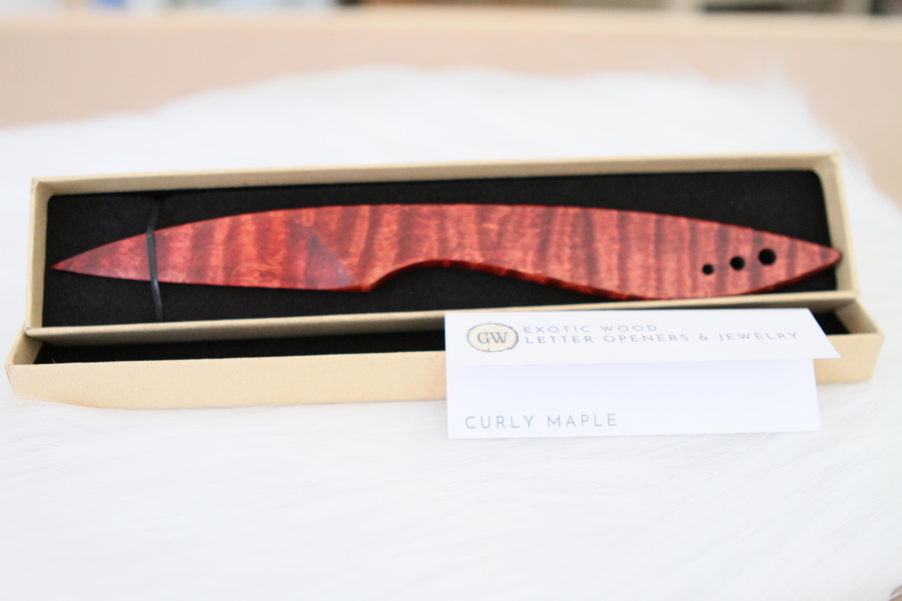 Curly Maple Letter Opener, Red