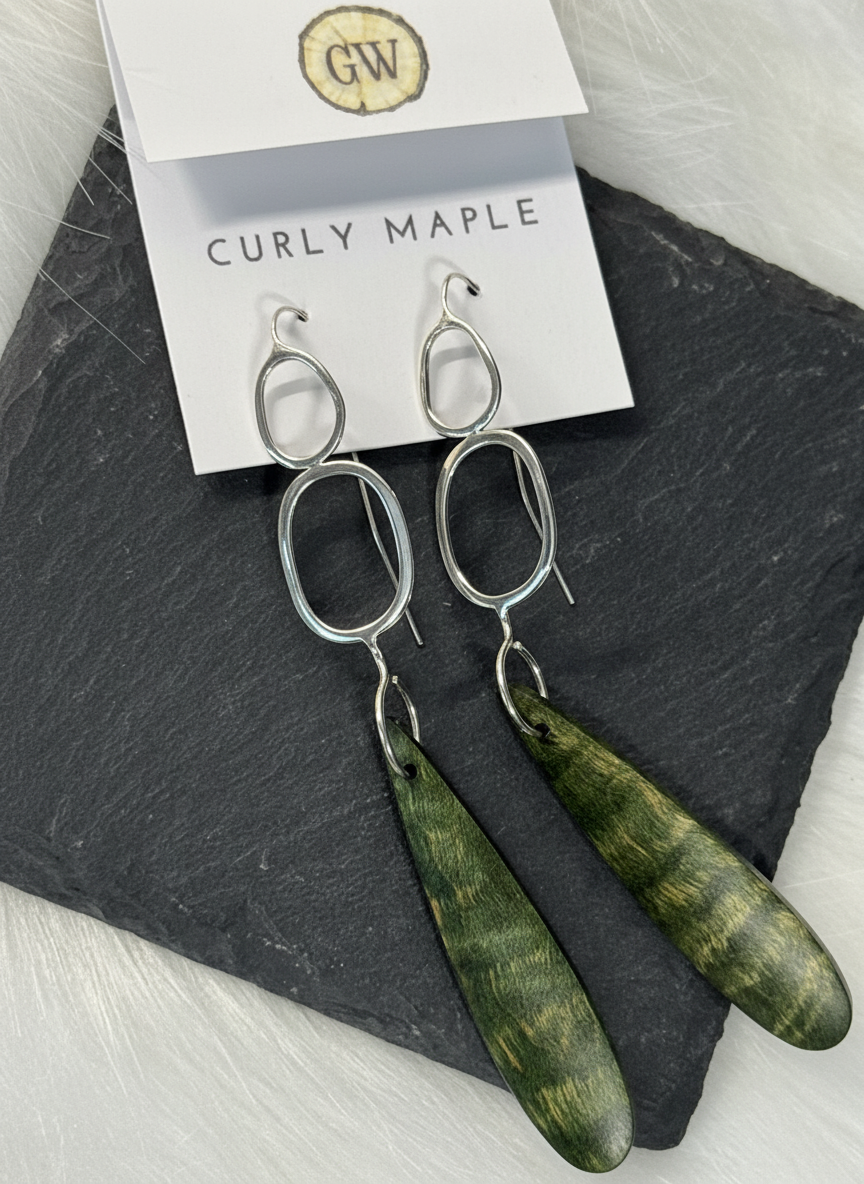 Curly Maple and Sterling Silver Earrings, Green