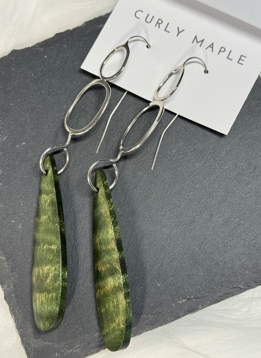 Curly Maple and Sterling Silver Earrings, Green