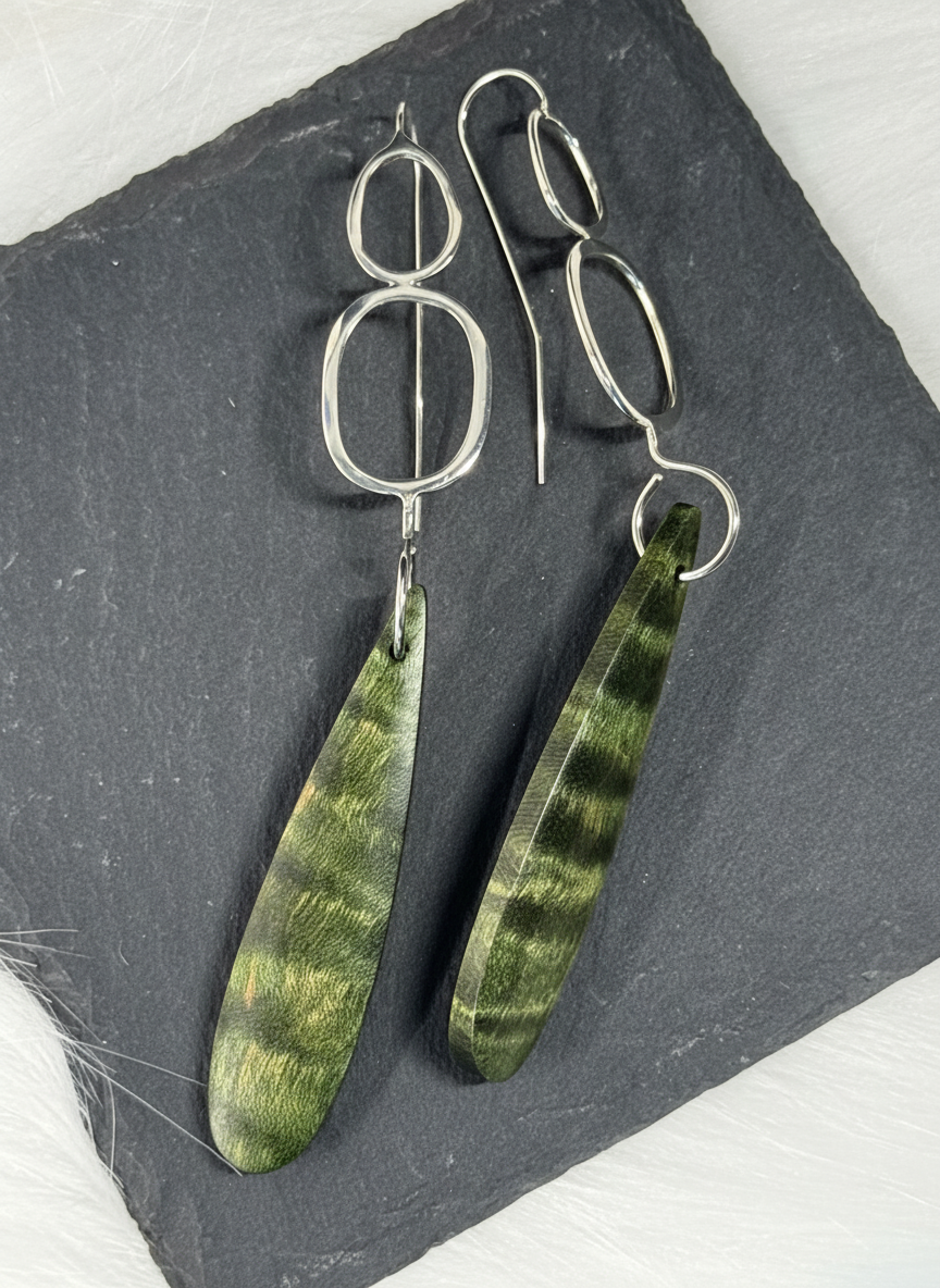 Curly Maple and Sterling Silver Earrings, Green