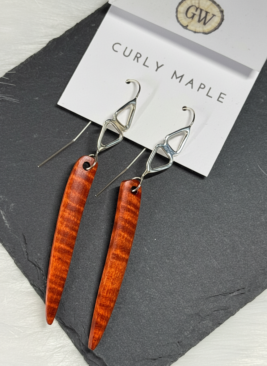 Curly Maple and Sterling Silver Earrings, Red