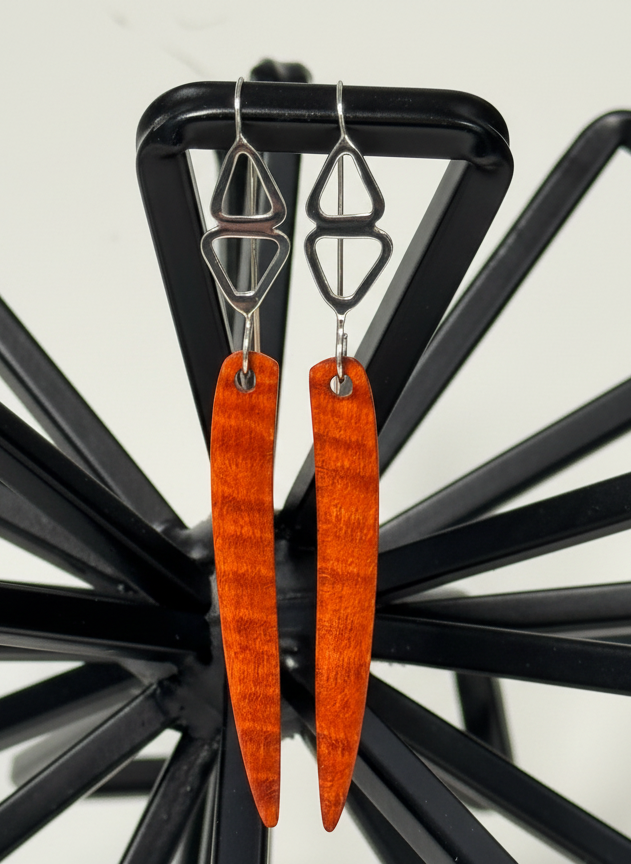 Curly Maple and Sterling Silver Earrings, Red