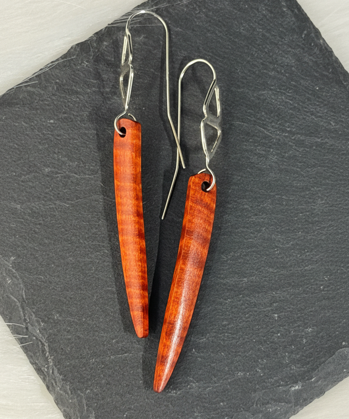 Curly Maple and Sterling Silver Earrings, Red